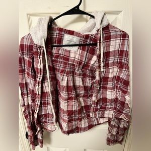 SOLD American Eagle cropped long sleeve hoodie, size small, red and white plaid